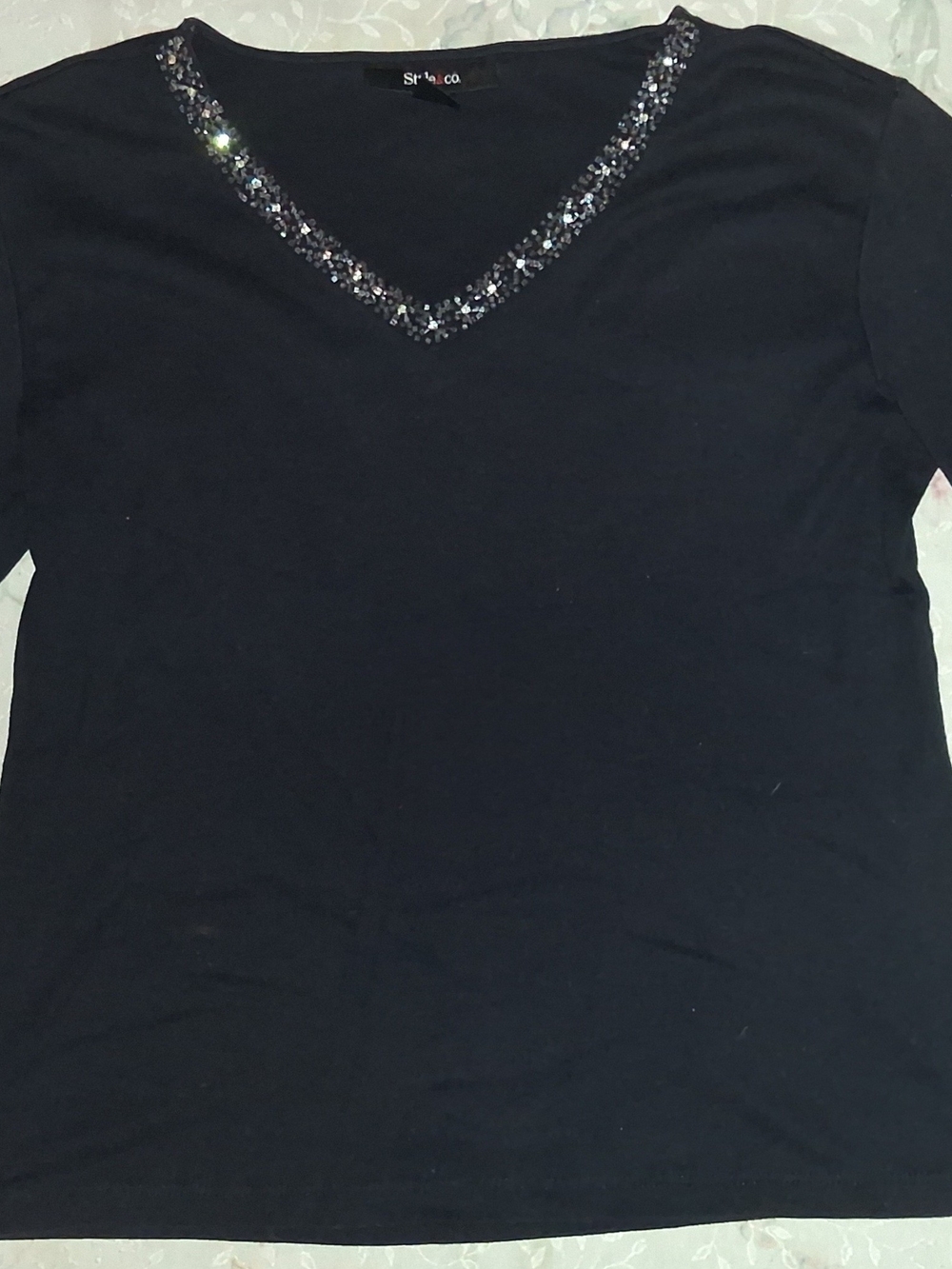 Style & Co. Black Short-Sleeve V-Neck Top with Sequin Trim